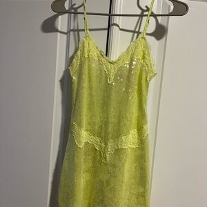 Yellow Satin Slip Dress with Lace Details